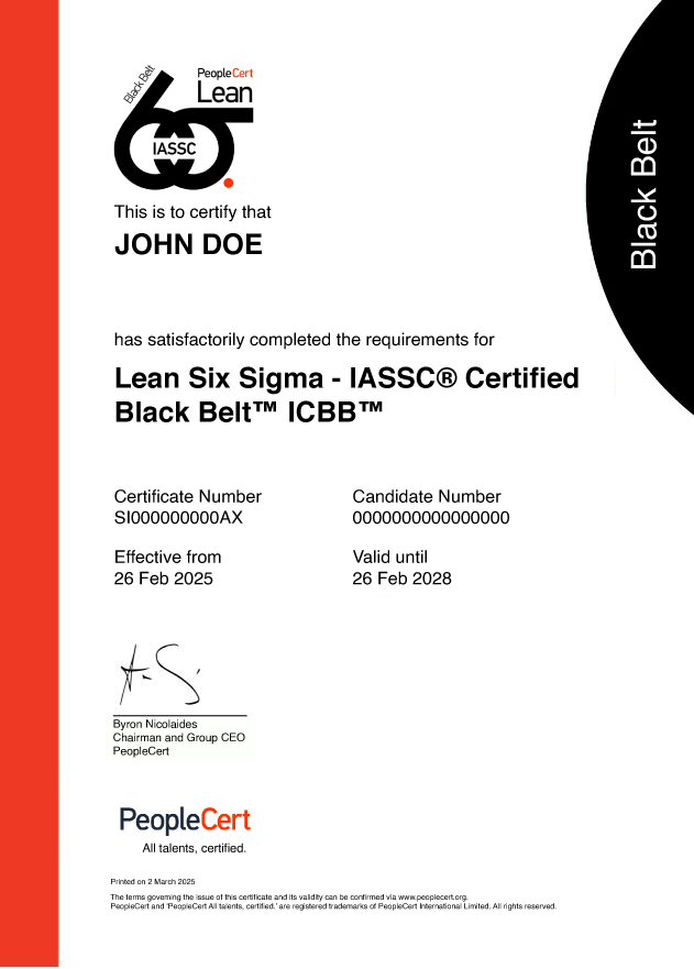 Sample Six Sigma BB certificate