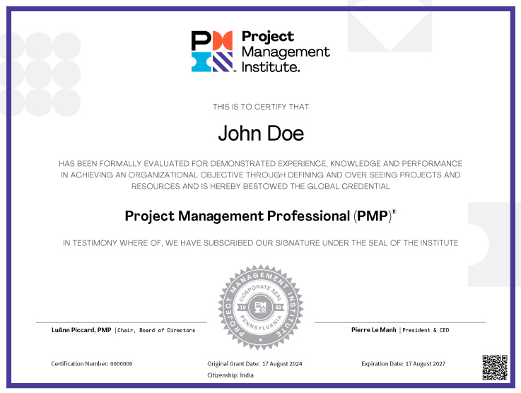 Sample PMP certificate