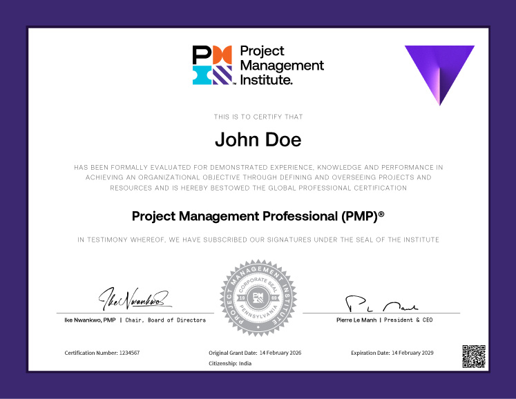 Sample PMP certificate