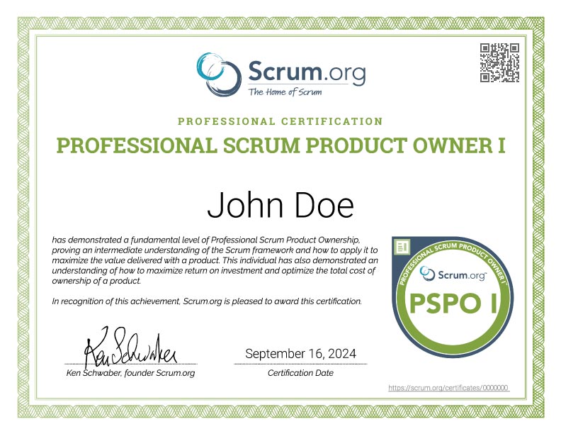 Sample PSPO certificate