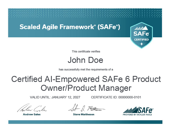 Sample AI-Empowered SAFe POPM certificate