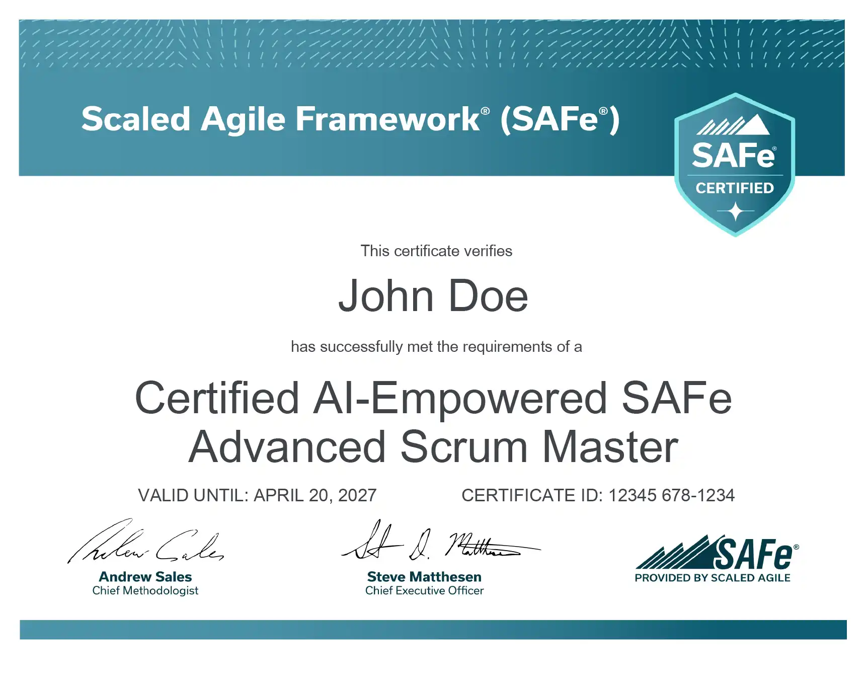 Sample SAFe® 6.0 Advanced Scrum Master certificate