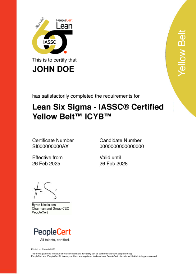 Sample Six Sigma YB certificate