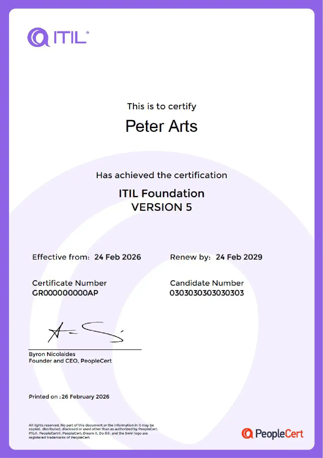 Sample ITIL 5 Foundation certificate